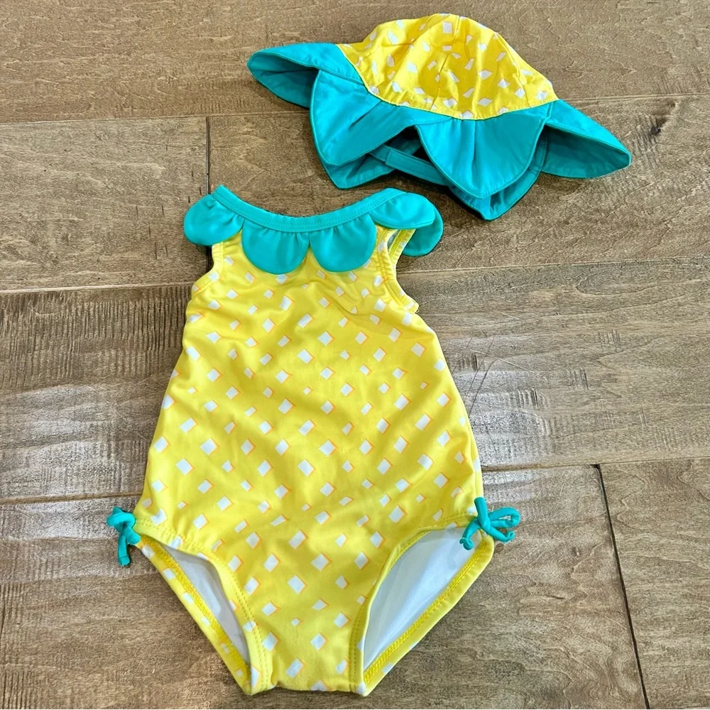 Gymboree Toddler Girls Print Ruffle One Piece Swimsuit w/ Hat Yellow 12-18 M EUC